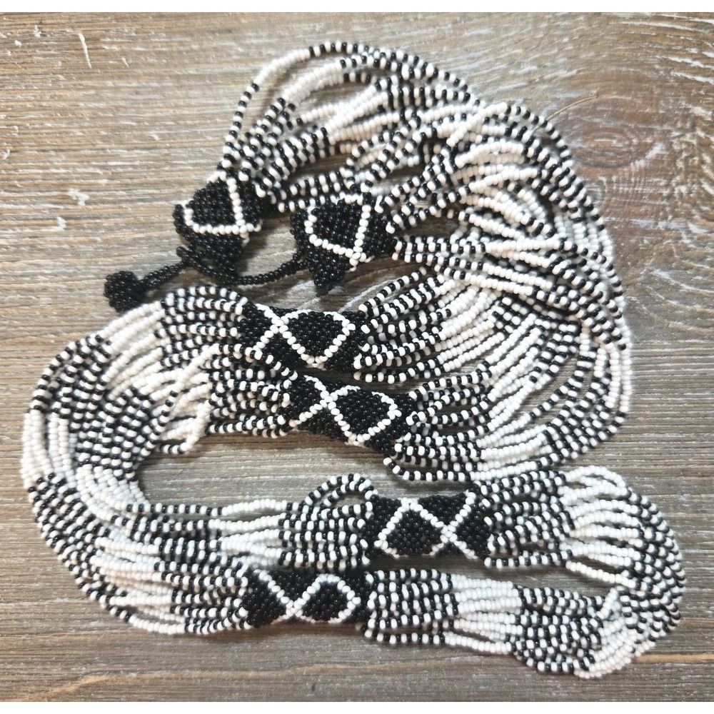Black & White Seed Bead Multi-Strand Necklace Statement 30" Vintage